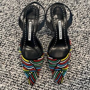 Manolo Blahnik Black Slingback Heels with Multicolor Bead Embellishment